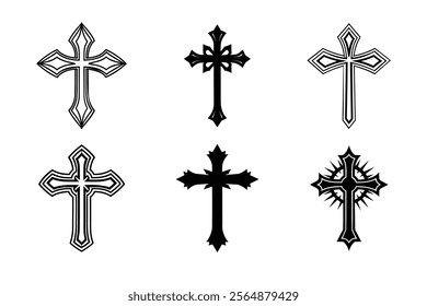 Set of Christian cross liner and silhouette, Religious cross icon illustration