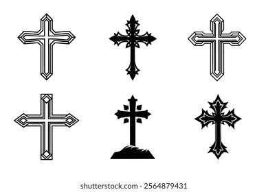 Set of Christian cross liner and silhouette, Religious cross icon illustration