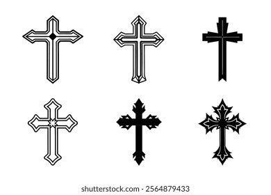 Set of Christian cross liner and silhouette, Religious cross icon illustration