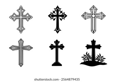 Set of Christian cross liner and silhouette, Religious cross icon illustration