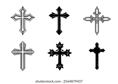 Set of Christian cross liner and silhouette, Religious cross icon illustration