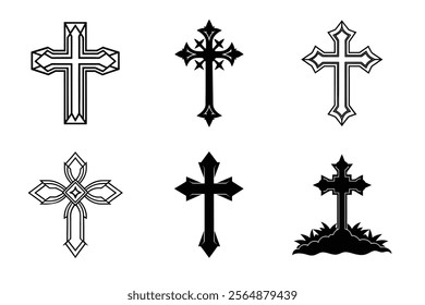 Set of Christian cross liner and silhouette, Religious cross icon illustration