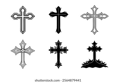 Set of Christian cross liner and silhouette, Religious cross icon illustration