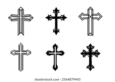 Set of Christian cross liner and silhouette, Religious cross icon illustration