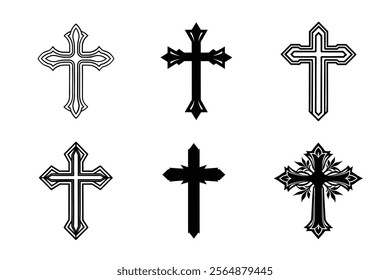 Set of Christian cross liner and silhouette, Religious cross icon illustration