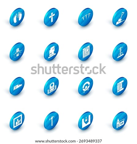 Set Christian cross, Metallic nails, Shovel in the ground, Grave with coffin, Hearse car, Old grave tombstone,  and Obituaries icon. Vector