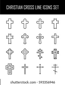 Set of christian cross in modern thin line style. High quality black outline cross symbols for web site design and mobile apps. Simple linear christian pictograms on a white background.