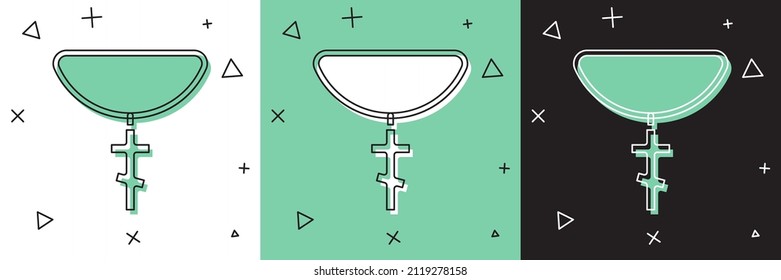 Set Christian cross on chain icon isolated on white and green, black background. Church cross.  Vector