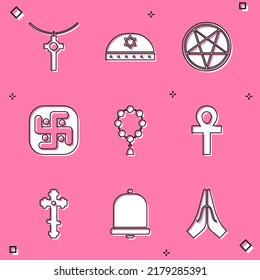 Set Christian cross on chain, Jewish kippah with star of david, Pentagram circle, Jainism, Rosary beads religion, Cross ankh,  and Church bell icon. Vector