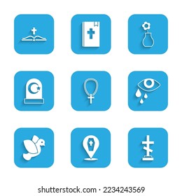 Set Christian cross on chain, Coffin with, Grave, Tear cry eye, Dove, Muslim cemetery, Flower vase and Holy bible book icon. Vector