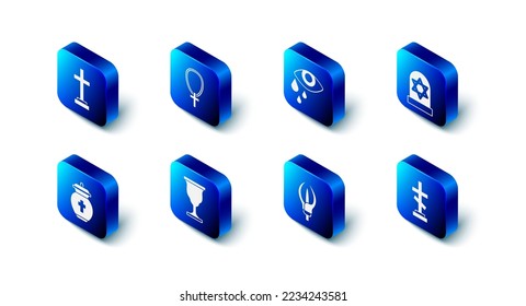 Set Christian cross on chain, Tear cry eye, Grave with star of david, Lily flower, chalice, Funeral urn and  icon. Vector