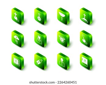 Set Christian cross, on chain, Grave with, Magic staff, Holy bible book, Flag christian, Priest and water bottle icon. Vector