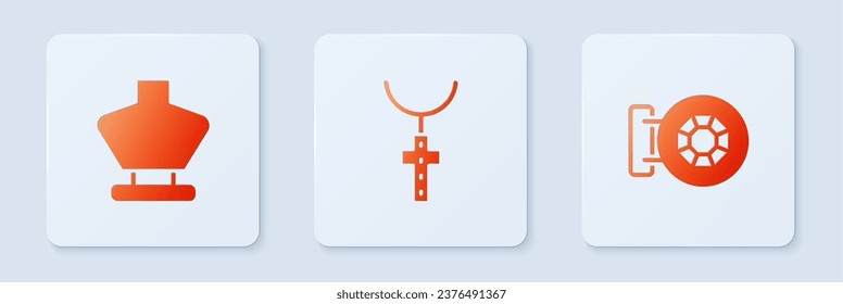 Set Christian cross on chain, Necklace mannequin and Jewelry store. White square button. Vector