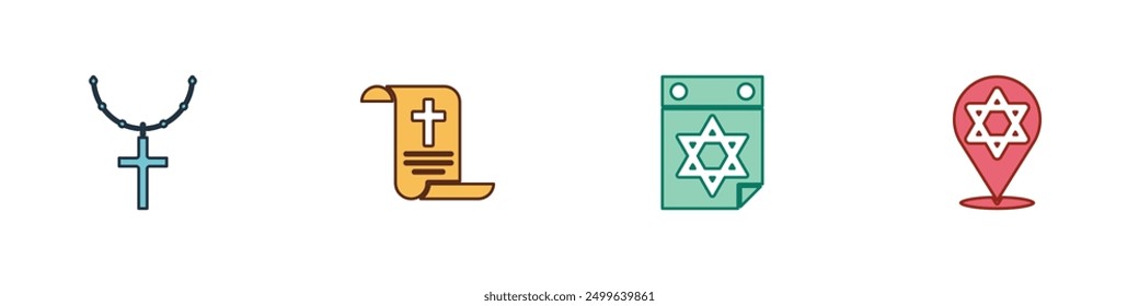 Set Christian cross on chain, Decree, paper, parchment, scroll, Jewish calendar and Star of David icon. Vector