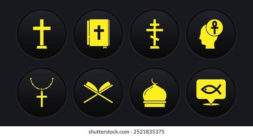 Set Christian cross on chain, Cross ankh, Holy book of Koran, Muslim Mosque, bible, fish and  icon. Vector