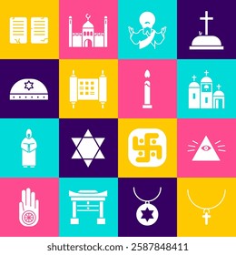 Set Christian cross on chain, Masons, Church building, Jesus, Decree, paper, parchment, scroll, Jewish kippah with star of david, The commandments and Burning candle icon. Vector