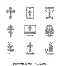 Set Christian cross on monitor, Grave with, Burning candle in candlestick, Easter egg, Willow leaf, chalice and  icon. Vector