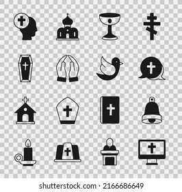 Set Christian cross on monitor, Church bell, chalice, Hands in praying position, Coffin, Priest and Dove icon. Vector