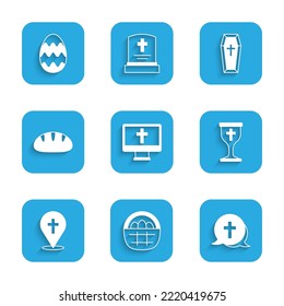 Set Christian cross on monitor, Basket with easter eggs, chalice, Location church building, bread, Coffin and Easter icon. Vector