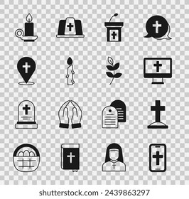 Set Christian cross on phone, Grave with, monitor, Church sermon tribune, Burning candle, Location church building, candlestick and Willow leaf icon. Vector