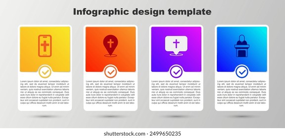 Set Christian cross on phone, Location church building,  and Church pastor preaching. Business infographic template. Vector