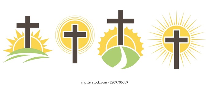 Set of Christian cross on a sun. Vector illustration. Eps 10.