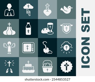 Set Christian cross, Religious in circle, Flag with christian, heart, Holy water bottle, Church tower, Hands praying position and Goblet bread icon. Vector