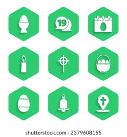 Set Christian cross, Ringing bell, Map pointer with christian, Basket easter eggs, Easter, Burning candle, Calendar and on stand icon. Vector