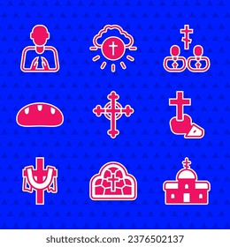 Set Christian cross, Stained glass, Church building, Bread loaf, Priest and Hands praying position icon. Vector