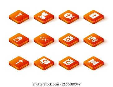 Set Christian cross, Star and crescent, Muslim Mosque, fish, Jewish calendar, Decree, paper, parchment, scroll and  icon. Vector