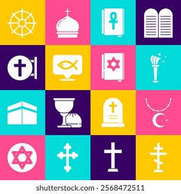 Set Christian cross, Star and crescent on chain, Aspergillum, Cross ankh book, fish, Dharma wheel and Jewish torah icon. Vector