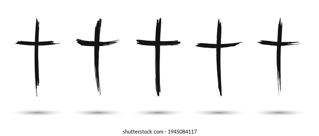 Conjunto de cruces cristianas. Símbolo cristiano de Jesucristo. Símbolo de cruz cristiana dibujado a mano, pintado a mano con pincel de tinta. Carteles dibujados a mano aislados en fondo blanco. Ilustración del vector