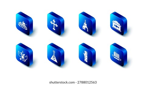 Set Christian cross, The Tsar bell, Tin can with caviar, Medovik, Birch tree, Balalaika, National emblem of Russia and Military tank icon. Vector