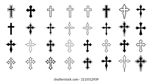 Set of Christian Cross Vector Icons. Religious Jesus Symbol.