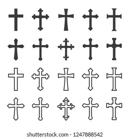 Установить христианский крест векторный символ плоский и контур стиль