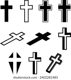 Set christian cross vector symbol flat and outline style