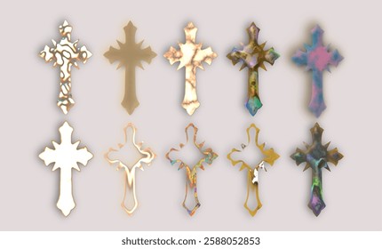 Set christian cross vector symbol 3D graphic illustration with removable backgrounds to use individually, separately. eps file. Gold cross illustration.