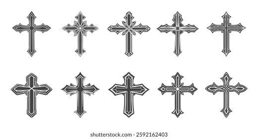 Set of Christian crosses. Decorative crucifix religion symbol. Orthodox faith church icon design. Illustration.