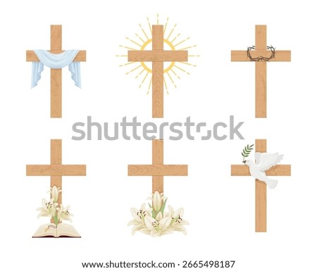A set of Christian crosses, each accompanied by corresponding Christian symbols such as lilies, crown of thorns and dove, perfect for spiritual projects or religious themes