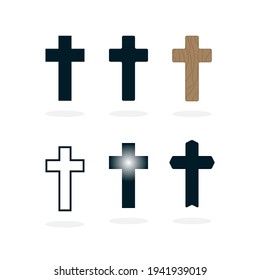 Conjunto de cruces cristianas. Ilustración vectorial de un signo religioso. Diseño plano, degradado, de madera y de trazo.