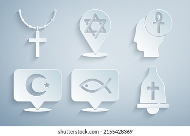 Set Christian fish, Cross ankh, Star and crescent, Church bell, of David and cross on chain icon. Vector