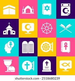 Set Christian fish, Cross ankh book, Holy of Koran, Jewish torah, Star and crescent, Church building, Kaaba mosque and Dharma wheel icon. Vector