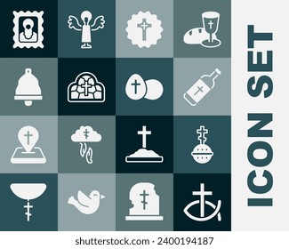 Set Christian fish, cross, Holy water bottle, Stained glass, Church bell, icon and Easter egg icon. Vector