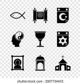 Fijar peces cristianos, Decreto, papel, pergamino, pergamino, Estrella y Media Luna, ícono, Mezquita Musulmana, Edificio de la Iglesia, Yin Yang y Icono de grail o cáliz sagrado. Vector