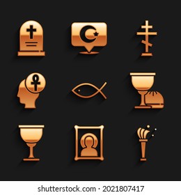 Set Christian fish, icon, Aspergillum, Holy grail or chalice, Cross ankh, cross and Tombstone with icon. Vector