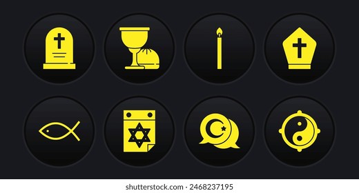 Set Christian fish, Pope hat, Jewish calendar, Star and crescent, Burning candle, Holy grail or chalice, Yin Yang and Tombstone with cross icon. Vector