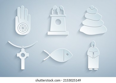 Set Christian fish, Stack hot stones, cross chain, Monk, Stage stand or tribune and Jainism Jain Dharma icon. Vector