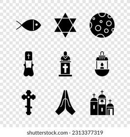 Set Christian fish, Star of David, Moon, cross, Hands in praying position, Church building, Priest and pastor preaching icon. Vector