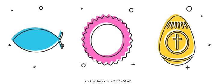 Set Christian fish, Sun and Easter egg icon. Vector