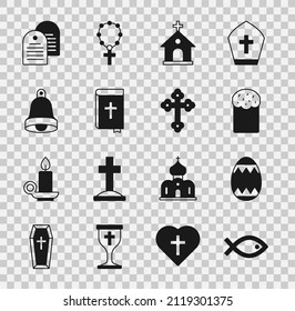 Set Christian fish symbol, Easter egg, cake, Church building, Holy bible book, bell,  and cross icon. Vector